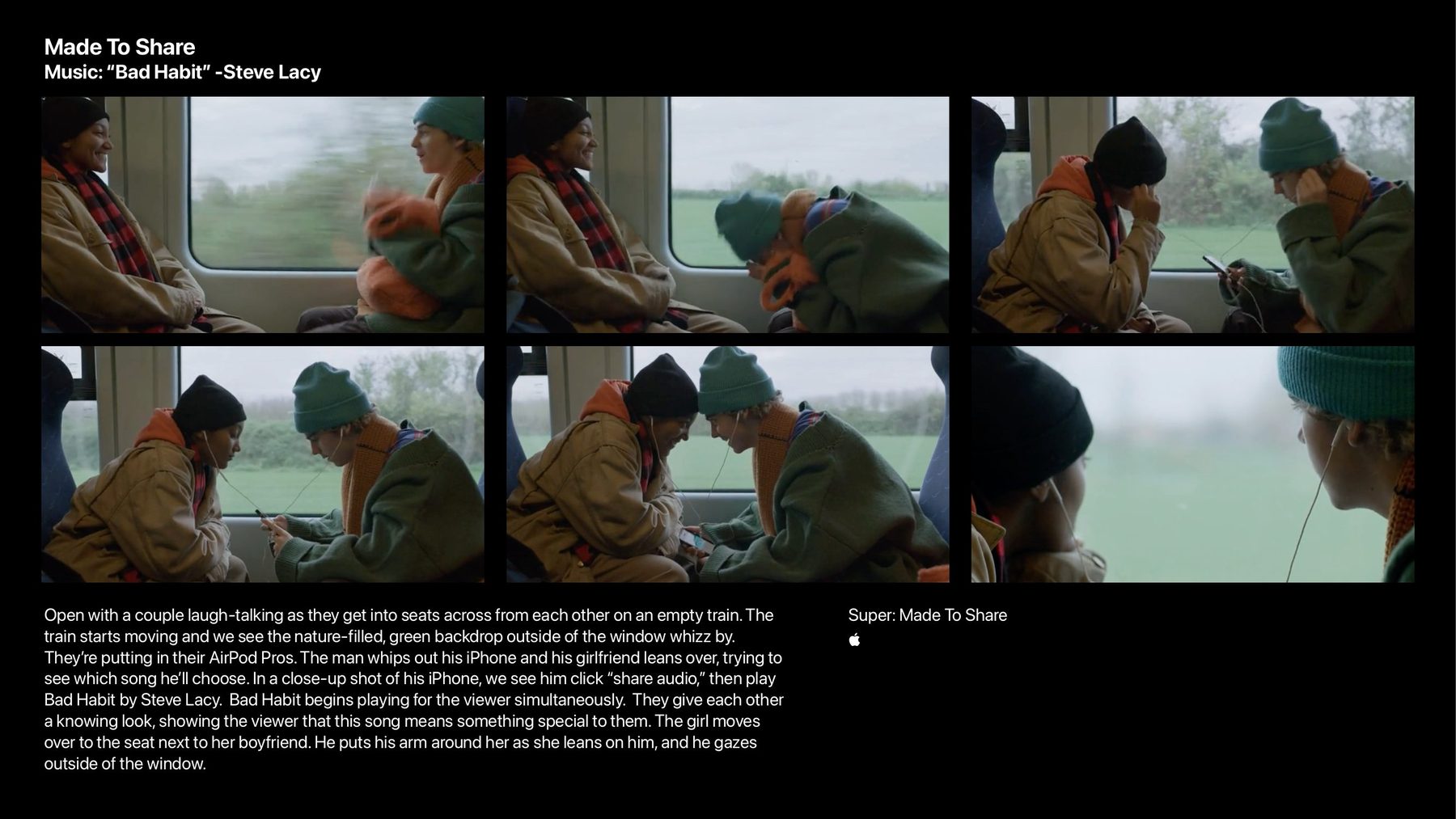 Six storyboard frames of a couple sharing audio on a moving train, with the script beneath. Music: Bad Habit, Steve Lacy.
