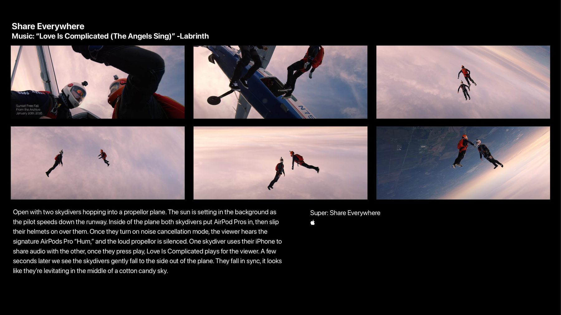 Six storyboard frames of two skydivers sharing audio at sunset, with the script beneath. Music: Love Is Complicated, Labrinth.