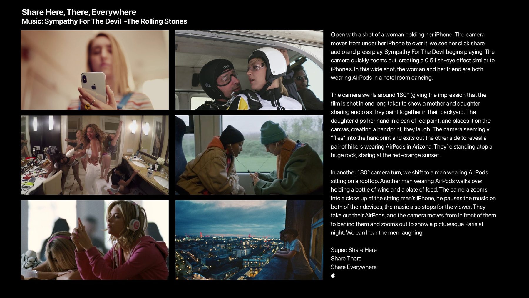 Six storyboard frames of a continuous one-take spot moving between a hotel room, a train, a rooftop in Paris. Music: Sympathy For The Devil, The Rolling Stones.